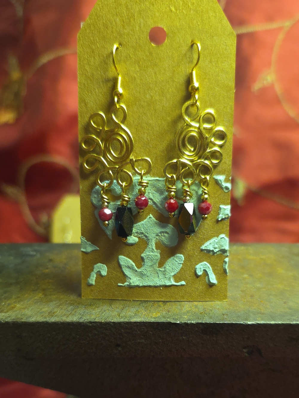 Gold-Tone Filigree Dangle Earrings with Red and Black Beads